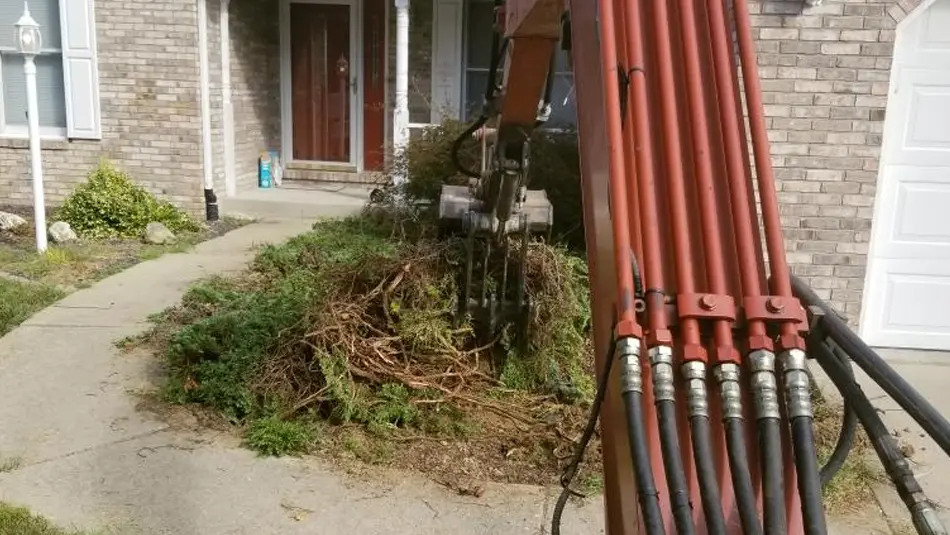Excavator clearing debris and branches from front yard during tree removal in O’Fallon, IL